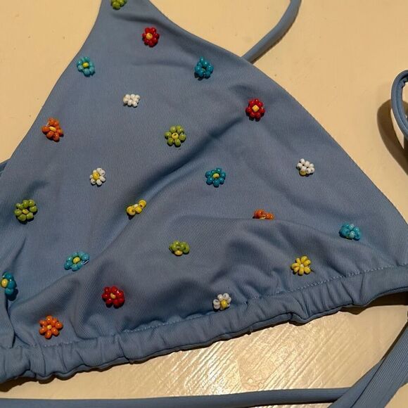 L*Space Women’s L Brittany Triangle String Bikini Top Light Blue Beaded Flowers - Picture 2 of 6